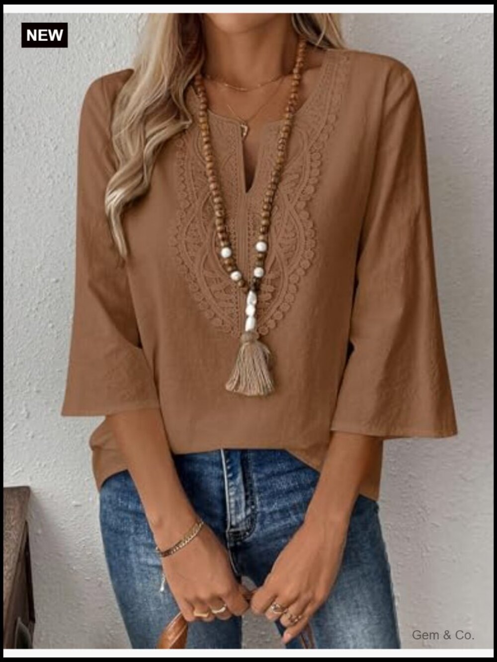 3/4 Sleeve Cotton Linen V-Neck Lace Blouse Loose Fit Boho Tunic Top - Picture 2 of 7